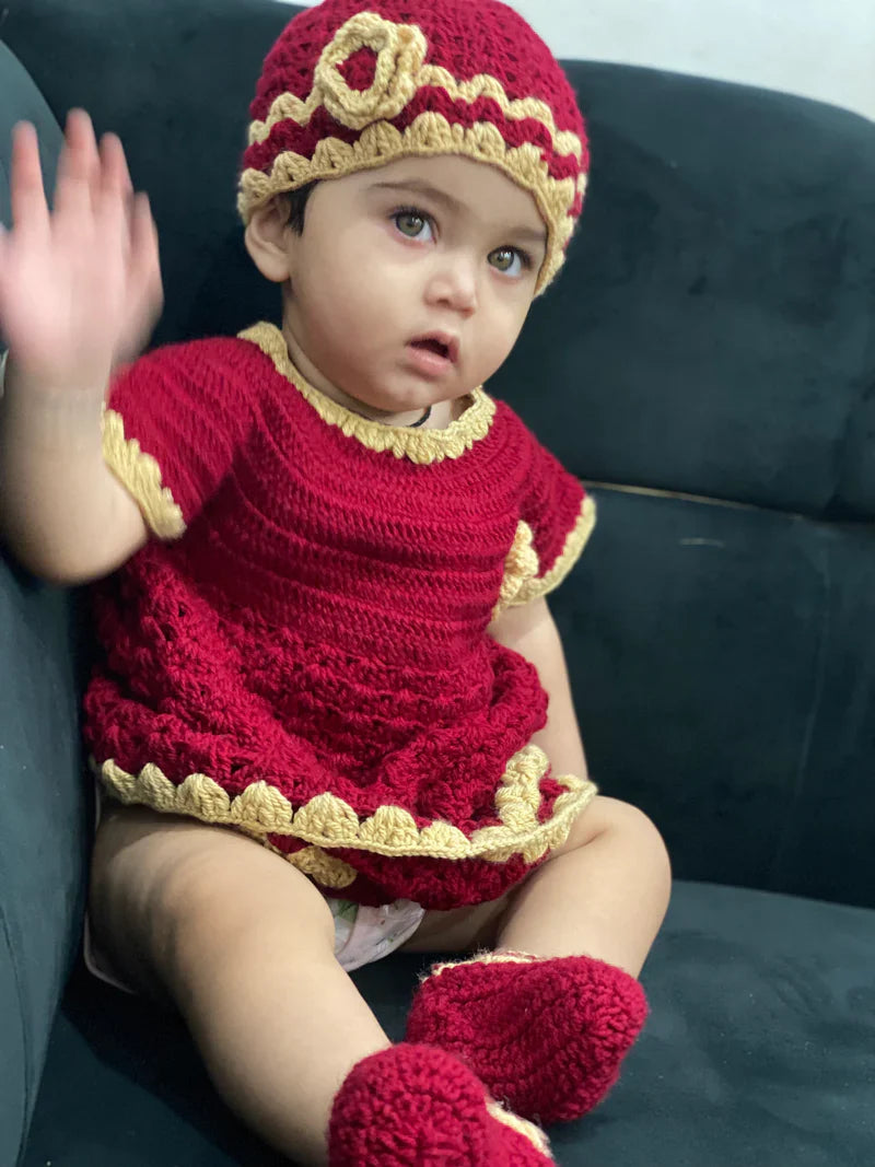 Handmade Baby Dress Mehroon (4 Piece Set)