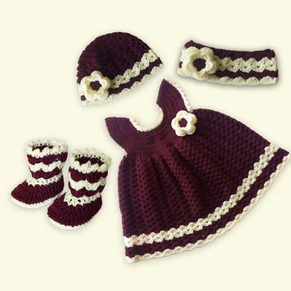Handmade Baby Dress Mehroon (4 Piece Set)