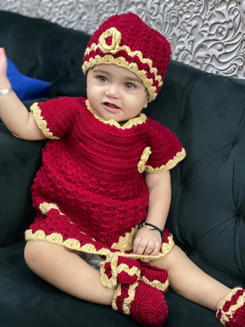 Handmade Baby Dress Mehroon (4 Piece Set)